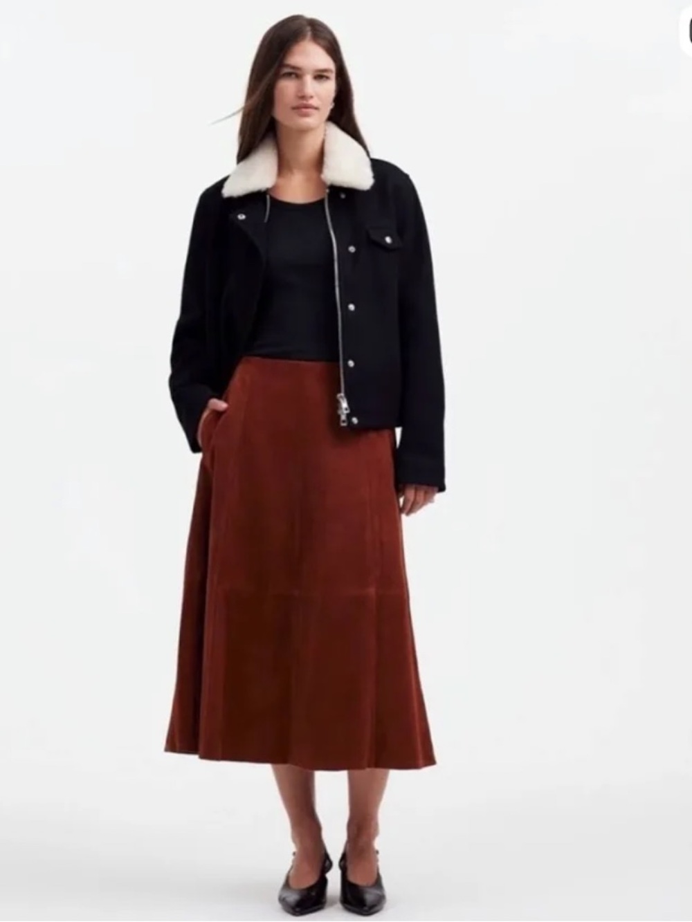 Madewell Suede leather Seamed Midi Skirt size 6